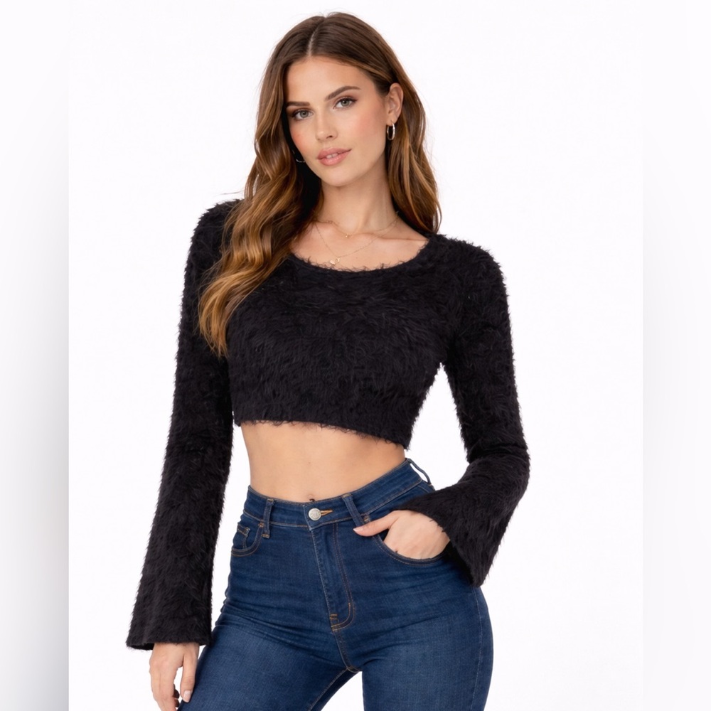 For Love & Lemons Knitz Black Fuzzy Teddy Crop Sweater Bell Sleeve Small
